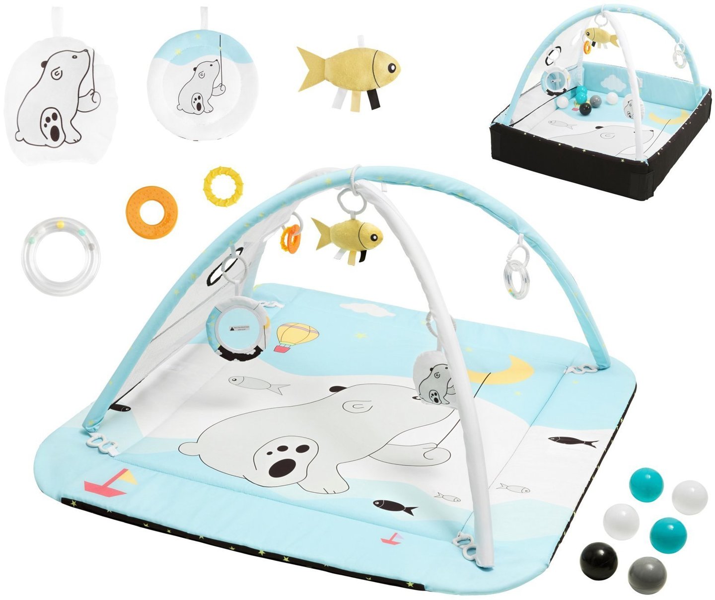 Dětská ohrádka + Interaktivní hrací podložky 5v1 s míčky - Moby-System BABY MAT ACTIVE GYM 0+